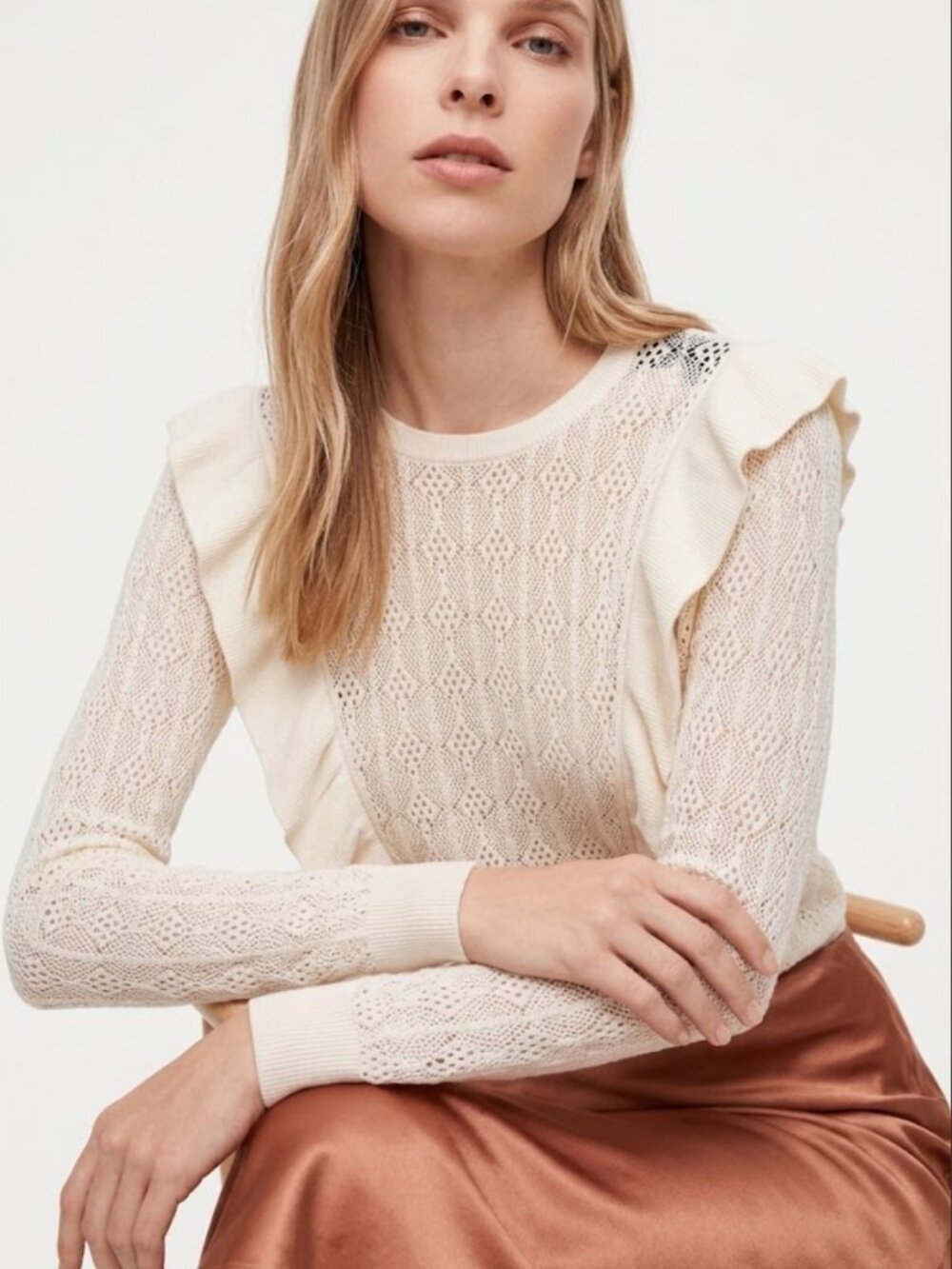 Aritzia Wilfred Bernelle Cream Ruffle Sweater
